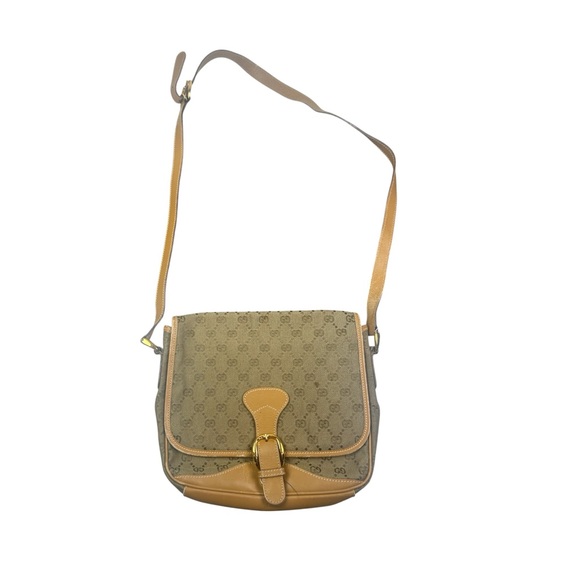 Gucci Vintage GG Supreme Monogram Flap Shoulder Bag w Leather Trim & Drawstring - Picture 1 of 8